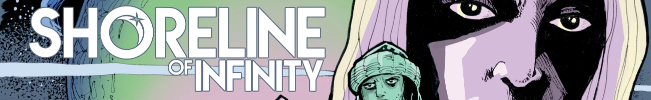 Shoreline of Infinity. This is a cropped Iimage taken from the cover of Shoreline of Infinity 40. Cover image of sultry female face and a stern looking bloke with a fine moustache. He also looks a bit grumpy while she straight into your soul.