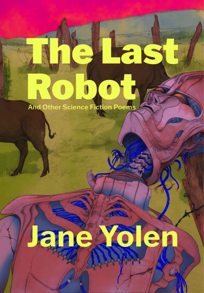 Cover. Bright yellow text for the title and the author's name. The image is a broken android, with its neck nearly severed and the wires and coils showing.