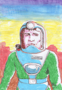 Man's face peering out of a large space helmet. Background is the rich, red landscap of Mars, with a faded yellow and blue of a Martian sky.
