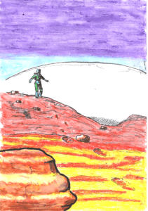 Spacesuited figure on a distant rise. On the Martian surface. Desolate and rocky.