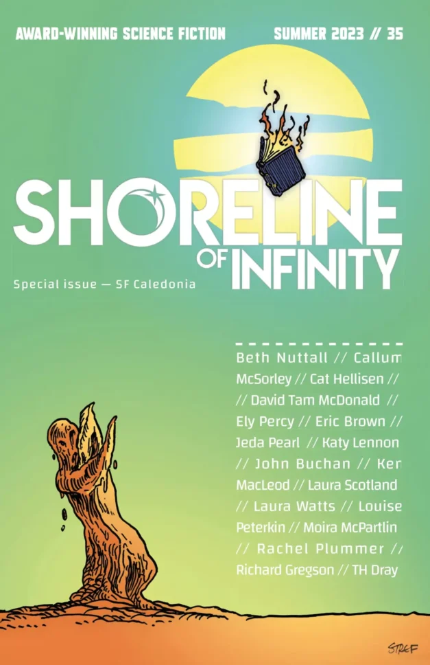 Front cover. Bright Green sky, watery yellow sun. Melting, sandy human cringing from the heat of a burning book falling from the sky. There is a list of contributors.
