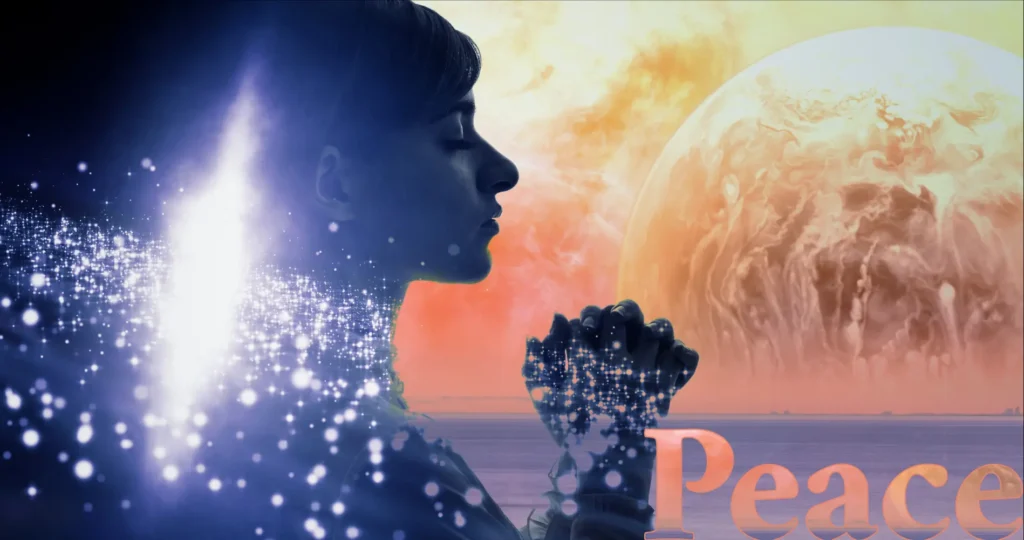 Silhouette of a women holding her clutched hands in front of her. There are stars and brightness within her. In the background in the peach light of a sunset there is a large moon-like planet setting into the lilac sea. There's a hint of a cityscape on the far shore. In the foreground, reflecting those colours, is the word "peace".