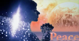 Silhouette of a women holding her clutched hands in front of her. There are stars and brightness within her. In the background in the peach light of a sunset there is a large moon-like planet setting into the lilac sea. There's a hint of a cityscape on the far shore. In the foreground, reflecting those colours, is the word "peace".