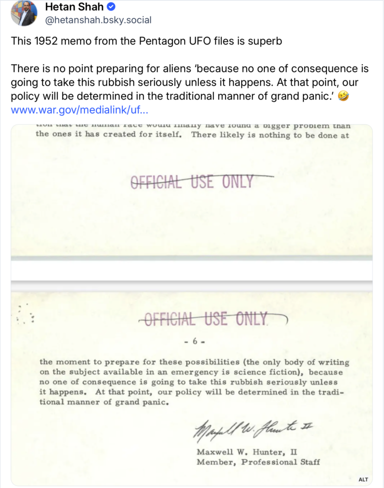 There likely is nothing to be done at the moment to prepare for these possibilities (the only body of writing on the subject available in an emergency is science fiction), because no one of consequence is going to take this rubbish seriously unless it happens. At that point, our policy will be determined in the traditional manner of grand panic. Maxwell W. Hunter, II Member, Professional Staff