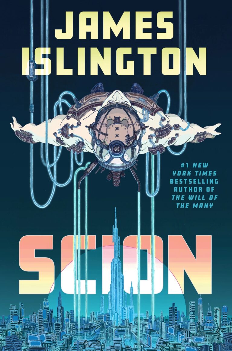 Book cover of Scion featuring a male-presenting person with cables protruding from their body floating above a futuristic city.