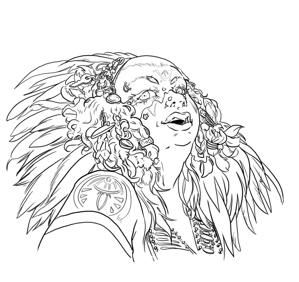 head and shoulders line drawing of a big haired crazy looking woman with a glint in her eye.