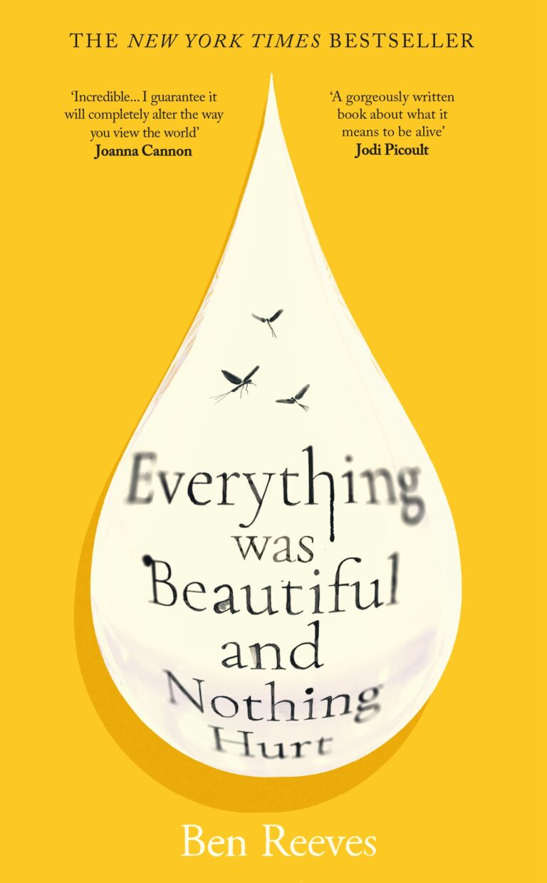Book cover for Everything Was Beautiful and Nothing Hurt depicting a big, white water drop with mayflies flying in it against a yellow background.