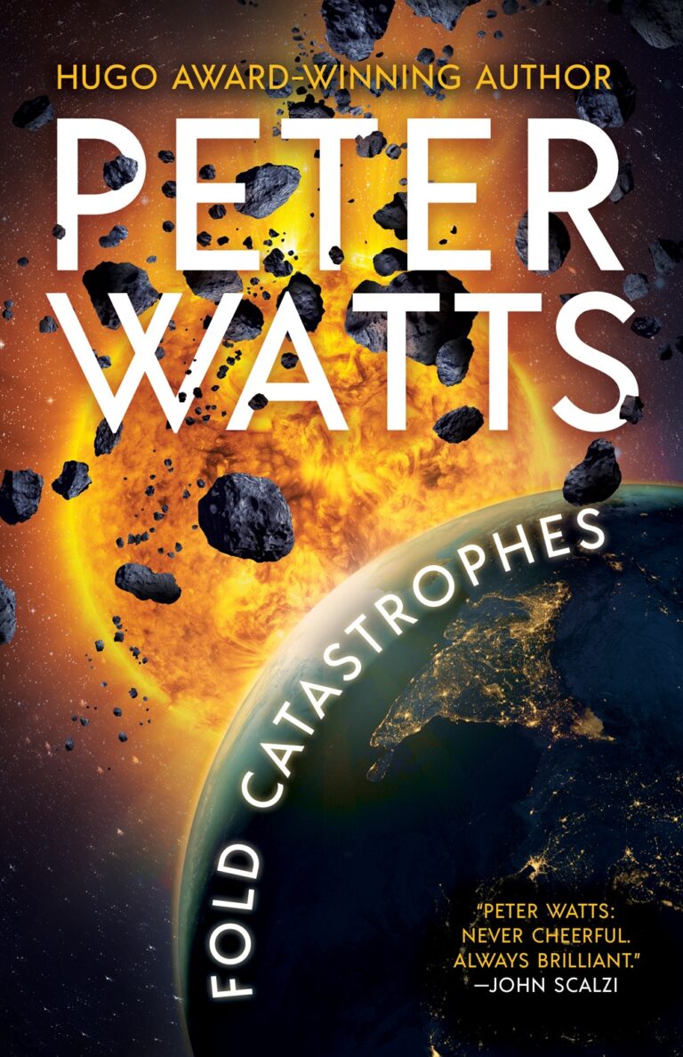 Book cover for Fold Catastrophes featuring a fiery Sun in the background and big space rocks hurtling towards a dark Earth in the foreground.