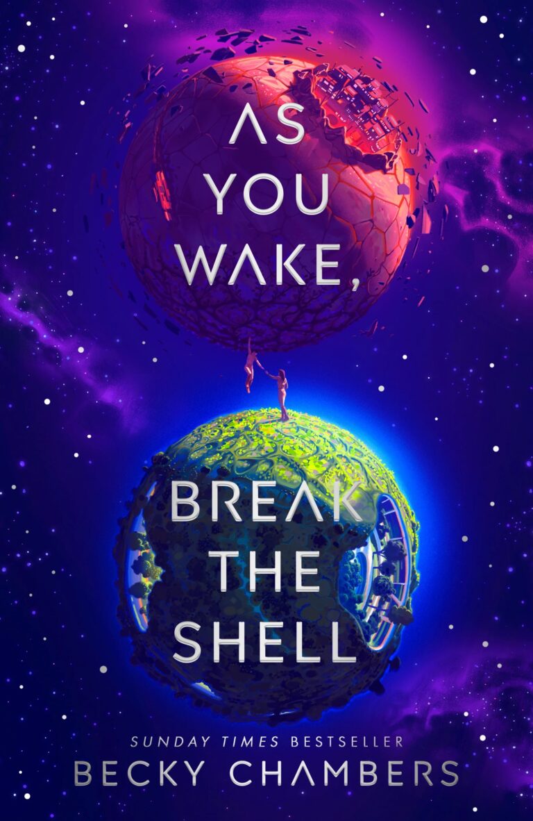 Book cover for As You Wake, Break the Shell, featuring a green planet floating above a green one with one person on each, holding hands across space.