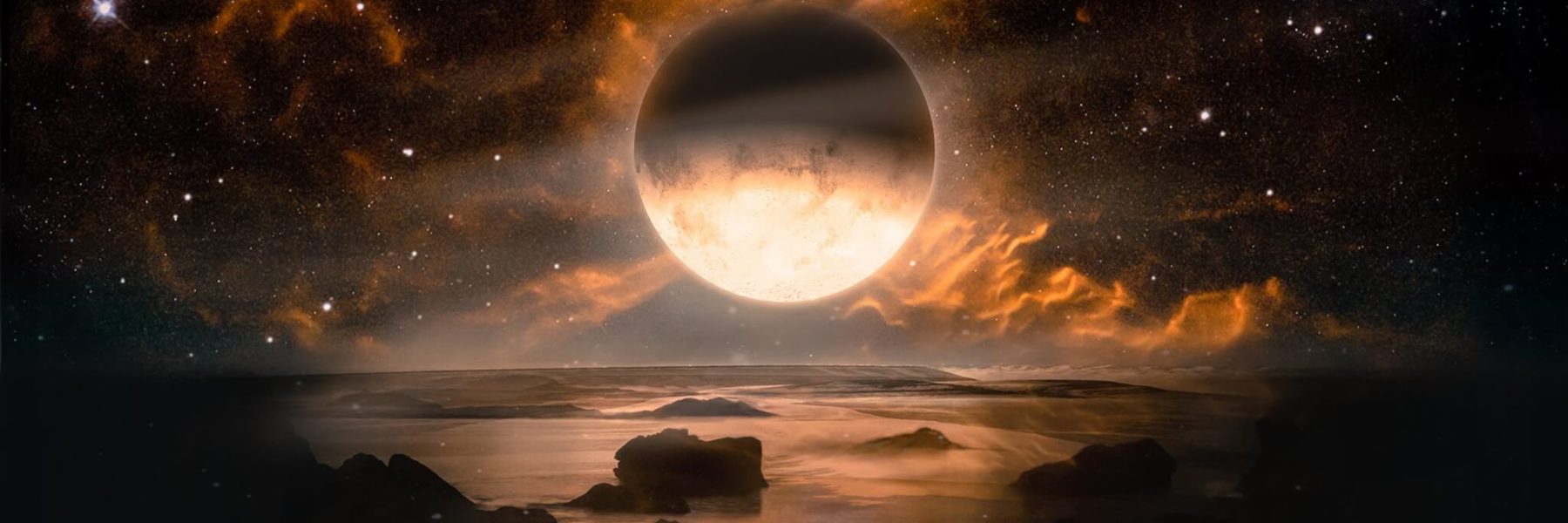 Landscape in fantasy alien planet with flaming moon and galaxy background. Elements of this image furnished by NASA Landscape in fantasy alien planet with flaming moon and galaxy background. Elements of this image furnished by NASA